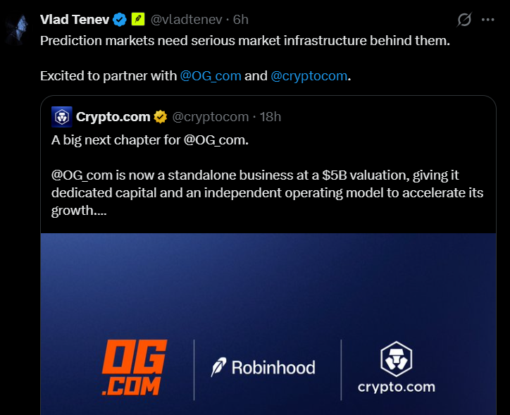 Official Robinhood announcement visual for its Crypto.com and OG.com partnership